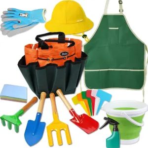 Tools Kit for abandon activate Children Includes Sturdy Shovel,Rake,Fork,Trowel,Kid Garden Kit with Sun Hat,Apron,Gloves,Tote Bag,Sprayer and Bucket,Outdoor Gardening Gifts Kids Gardening Set -Real Metal Gardening 