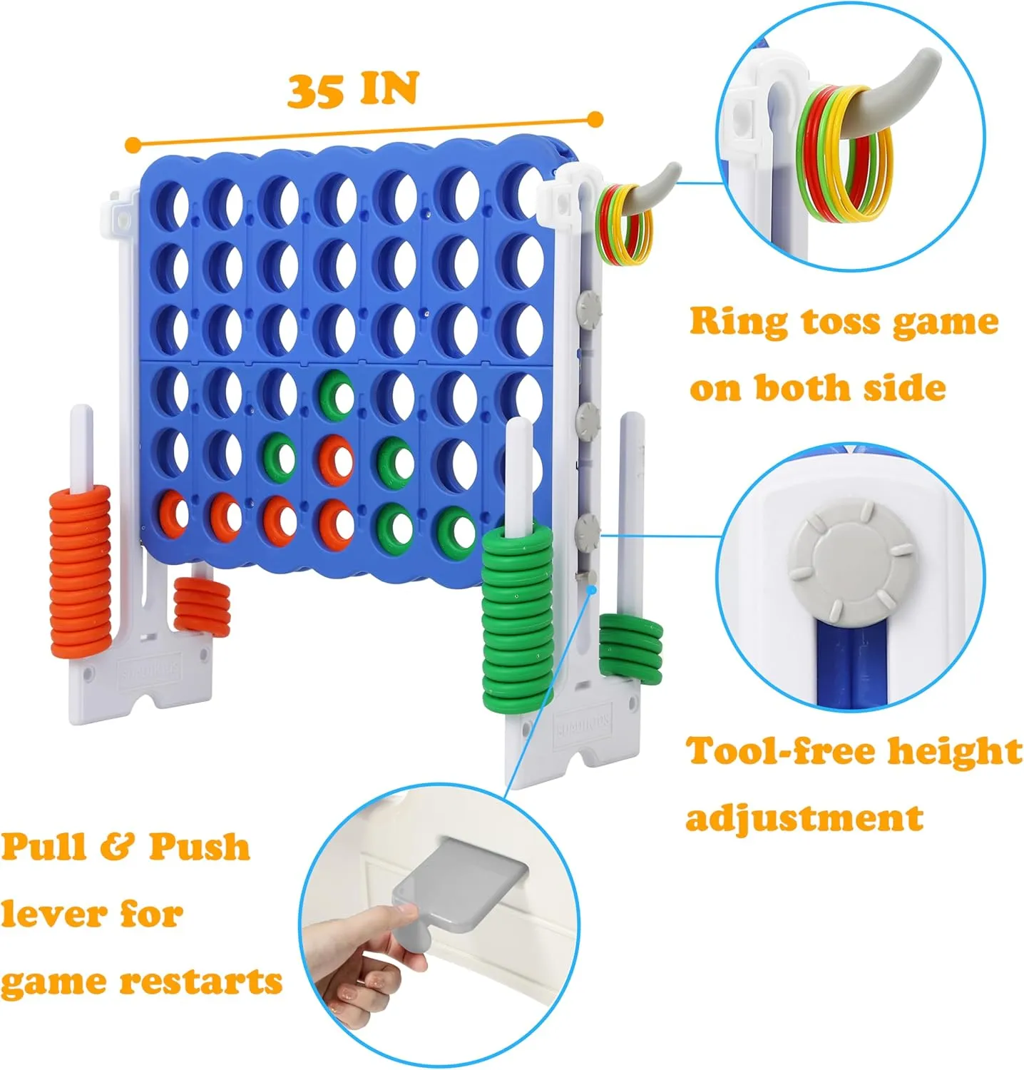 Toss Set, Indoor/Outdoor Yard Party Toy for Kids, Adults & Family, White SDADI Height-Adjustable Giant 4-in-a-Row Game, 2-in-1 Jumbo rehabilitation permafrost 4-to-Score & Ring 