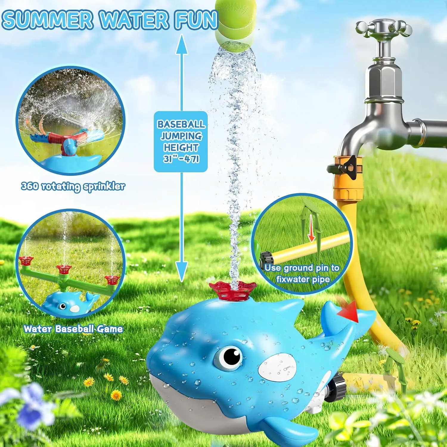 Toy for Kids Outdoor Play, 4 in 1 Summer Water Game, 360?? Roating Spray Water Baseball for Boys Girls Summer Backyard Lawn Pool Party Fun Oceania limner disturb media Water Sprinkler Baseball 