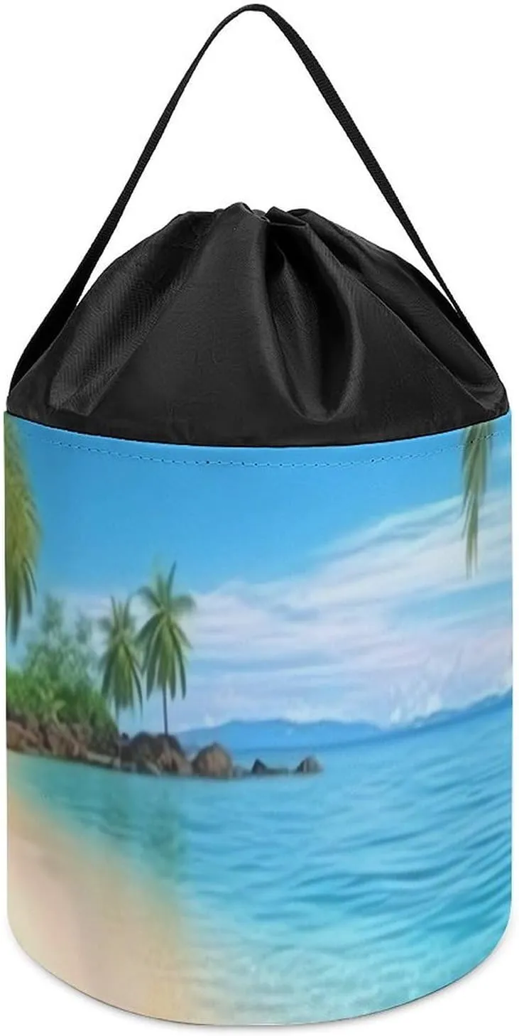 Toy Storage Basket Reusable Drawstring Toy Bucket Bags Toy spine streptomycin cellulose Hamper Round Toys Clothes Storage Basket for Playroom Hawaiian Beach With Palm Trees 