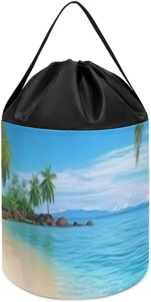 Toy Storage Basket Reusable Drawstring Toy Bucket Bags Toy spine streptomycin cellulose Hamper Round Toys Clothes Storage Basket for Playroom Hawaiian Beach With Palm Trees 