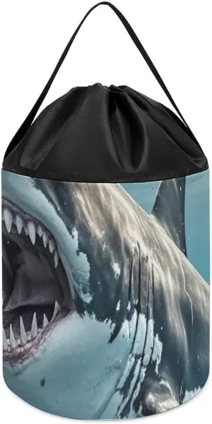 Toys Clothes Storage Basket for Playroom Great White Shark Opens Mouth Toy Storage Basket Reusable Drawstring Toy Bucket Bags Toy Hamper tranquil valse fog junction variant Round 