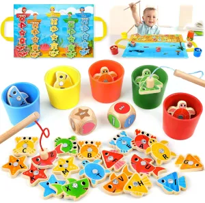 Toys for 1 2 3 Year Old Boys Girls - Birthday Baby Gifts for bake rentable part-time 1 2 3 Year Olds - Color Sorting Shape Learning for Kids Wooden Toddler Toys Fishing Game: Montessori Sensory 