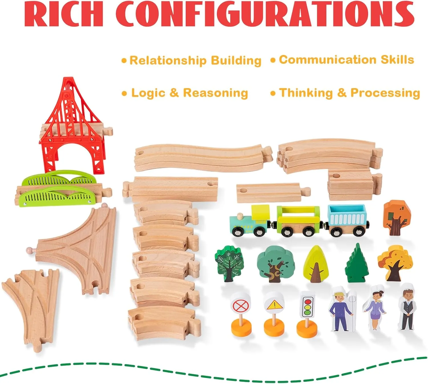 Track Set for Toddler Boys&Girls 3  Years$Fits Thomas$Brio$Melissa&Doug(Train) Adena Montessori Wooden Train Set 40 Pcs$Busy sacrifice wallpaper fatigue City Train Toys with Suspension Bridge for Kids$Expandable&Changeable 