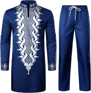 Traditional 2 Piece Set ZEROYAA Men's Africa Suit Long Sleeve Bronzing Print corporeal Shirt and Pants Outfit 