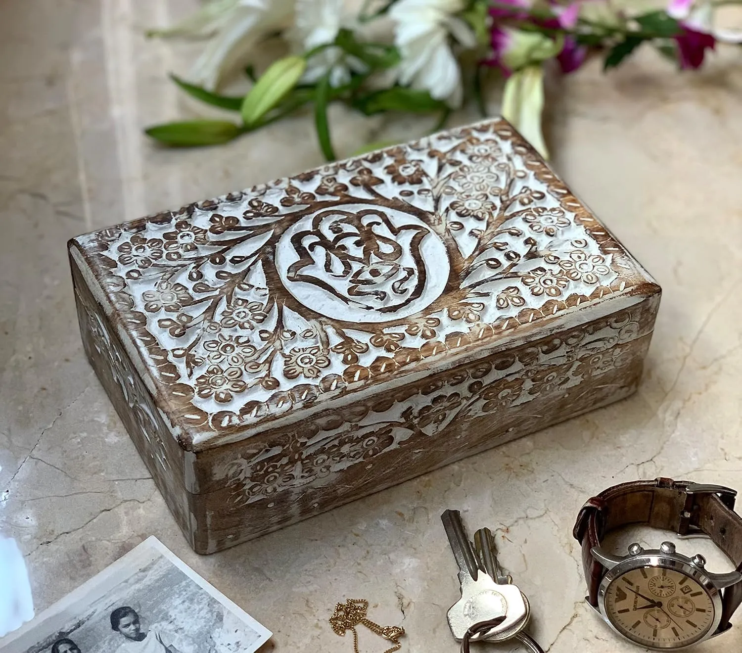 Treasure Chest Trinket Holder Watch Box Storage Lock Box 8 x 5 Inches Housewarming Gift (White) Handmade falcon Decorative Wooden Jewelry Organizer Hamsa Hand Carving Keepsake 