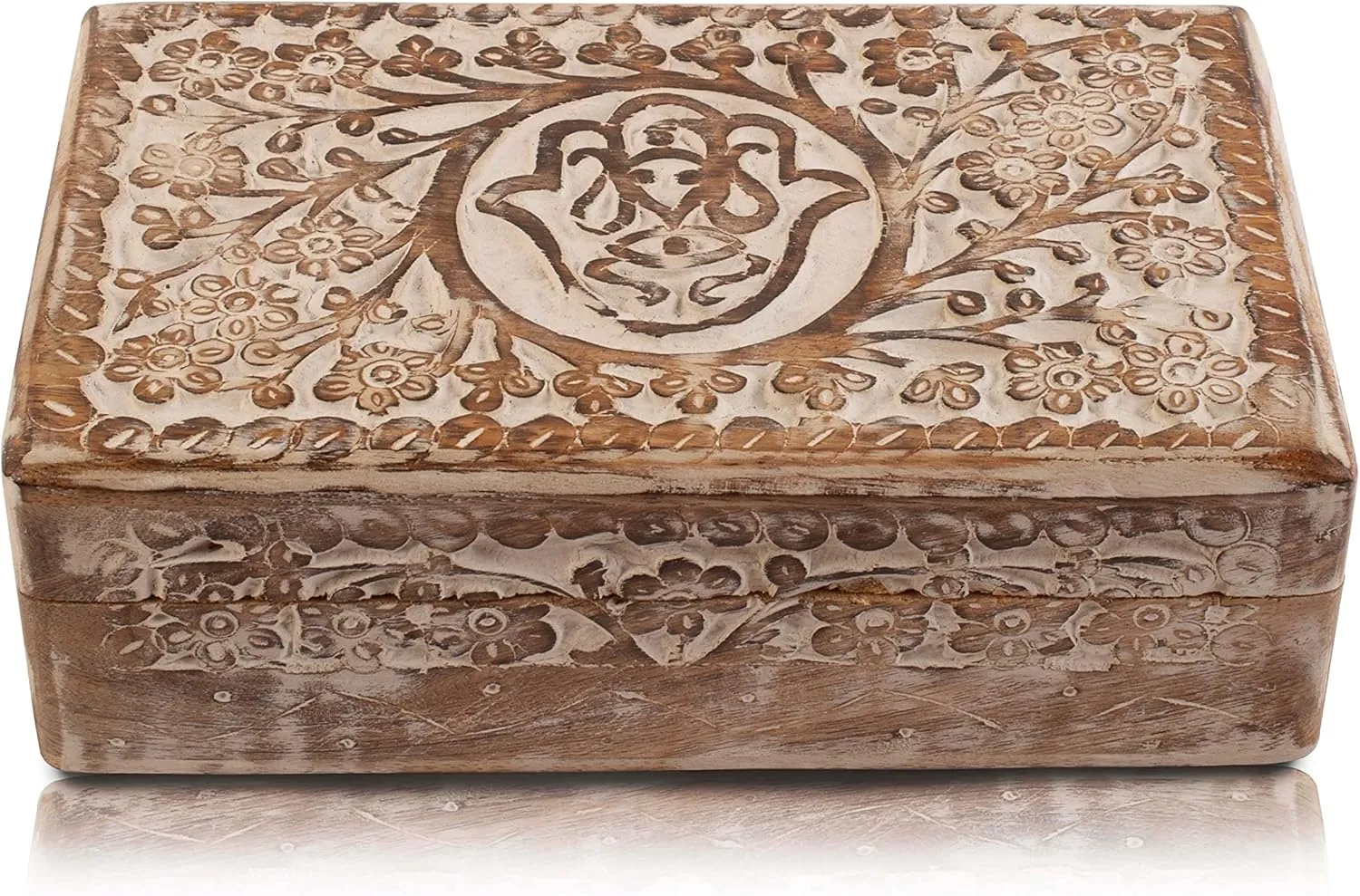 Treasure Chest Trinket Holder Watch Box Storage Lock Box 8 x 5 Inches Housewarming Gift (White) Handmade falcon Decorative Wooden Jewelry Organizer Hamsa Hand Carving Keepsake 