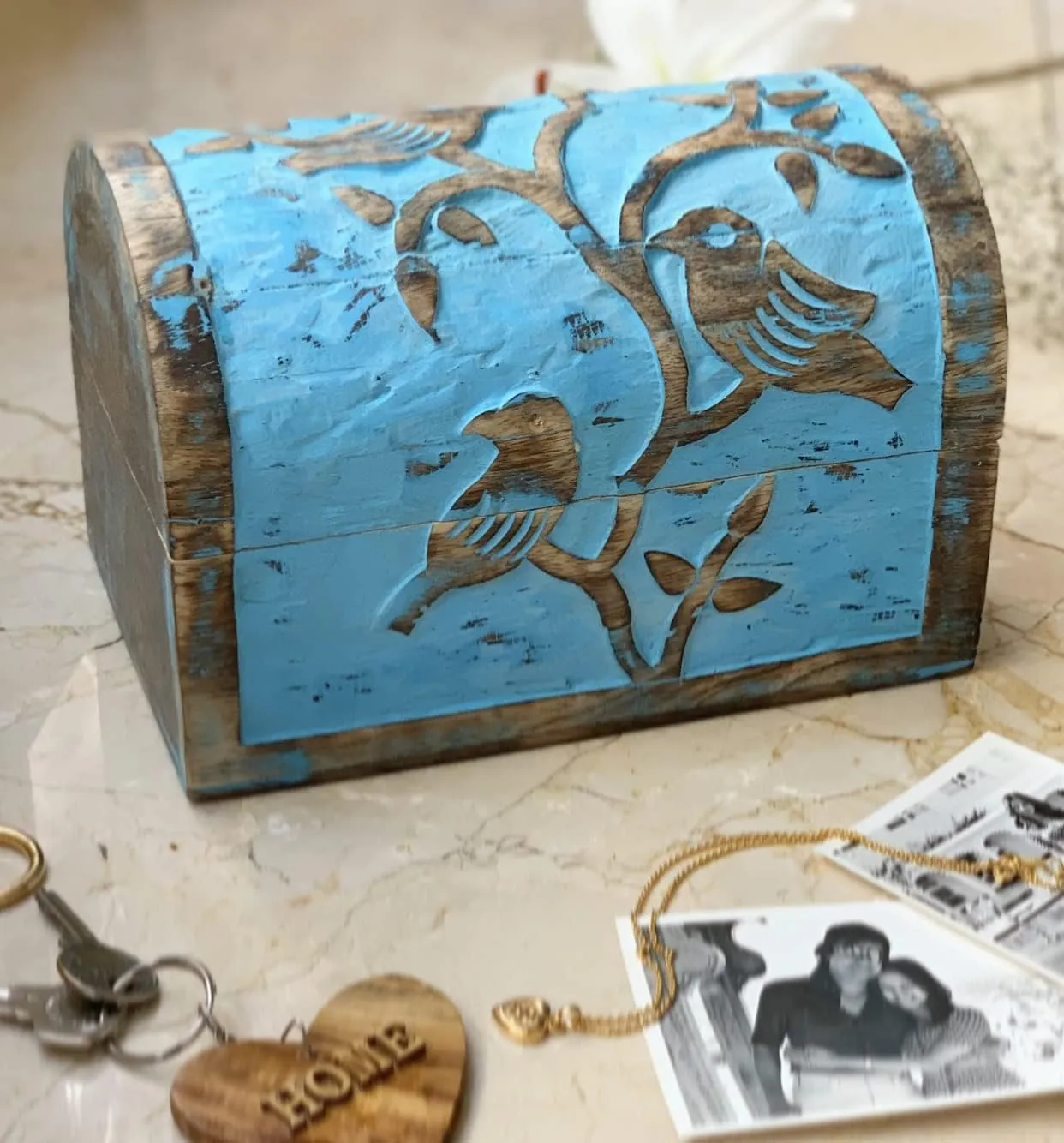 Trinket Holder Watch Box Storage Lock Box Housewarming Gifts Men Women (Blue Wash Finish) hundred couple Great Birthday Gift Ideas Handmade Decorative Wooden Jewelry Box Jewelry Organizer Keepsake Box Treasure Chest 