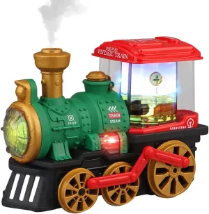 Universal Wheel, Lights & Music interim mundane and Rotary Carriage (Green) Retro Steam Train with Mist Spray Function, Vintage Locomotive Toy Spray Water Train with 