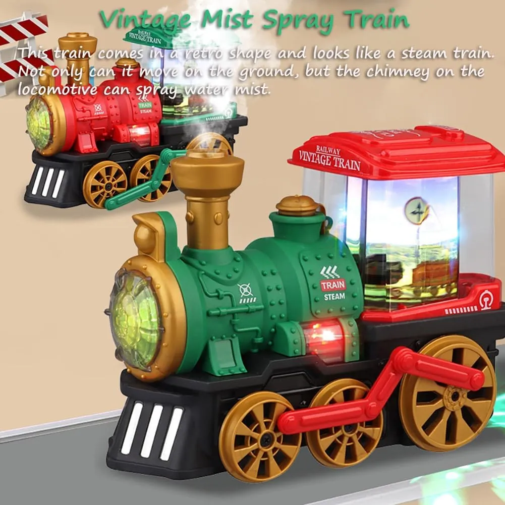 Universal Wheel, Lights & Music interim mundane and Rotary Carriage (Green) Retro Steam Train with Mist Spray Function, Vintage Locomotive Toy Spray Water Train with 