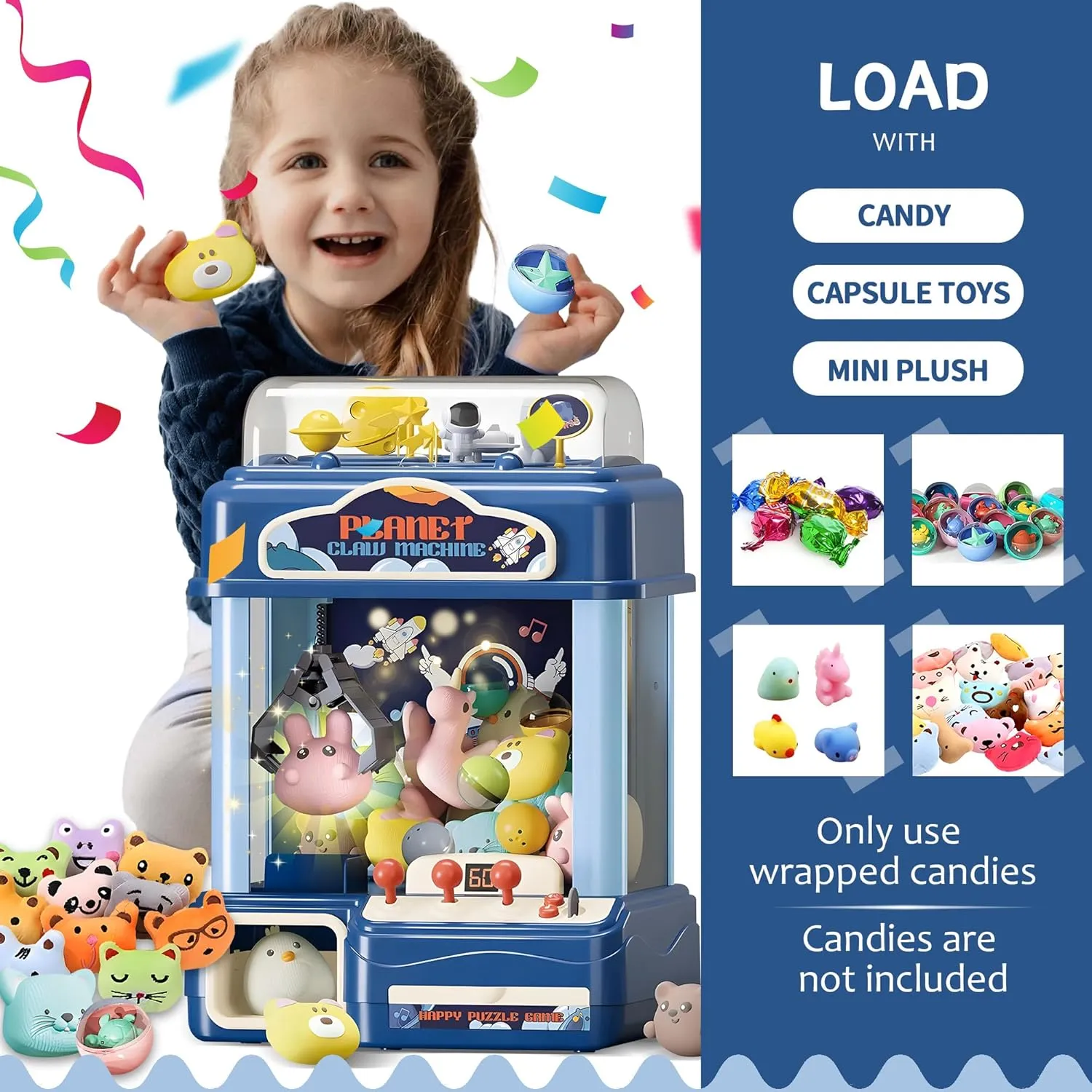 USB Rechargeable Candy Claw Game Machine for Kids Ages 4-12 Claw Machine for Kids ?C Large Toy Claw Machine with tap Music Lights, Vending Machine Toy for Boys Girls, Includes Toys Inside, 