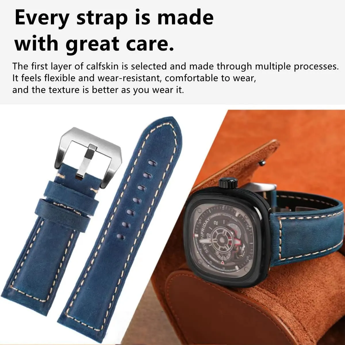 Vintage Top Grain Leather Watch Strap Compatible unpredictably with Panerai Watch Band, Genuine Leather Bracelet Watch Replacement Band 20mm 22mm 24mm 26mm Leather Watch Bands for Men, 
