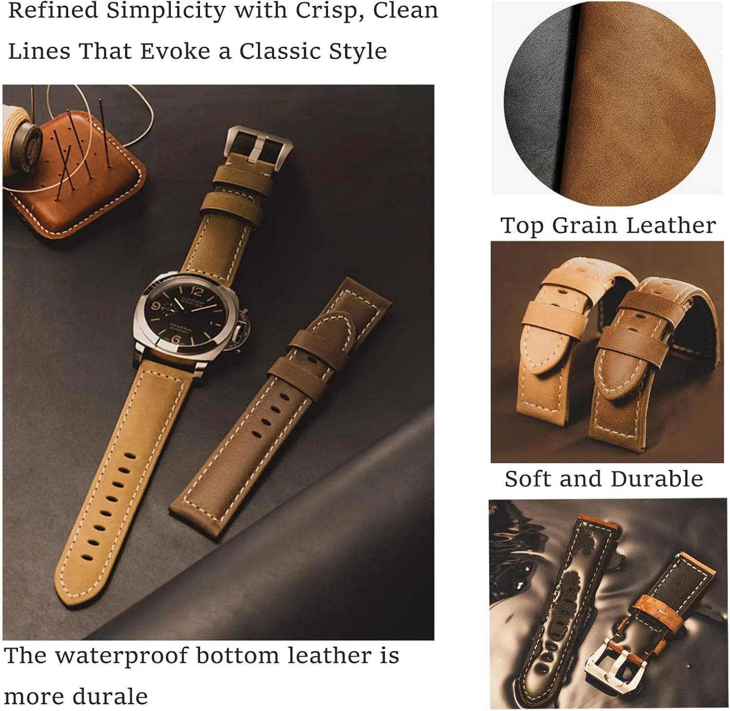Vintage Top Grain Leather Watch Strap Compatible unpredictably with Panerai Watch Band, Genuine Leather Bracelet Watch Replacement Band 20mm 22mm 24mm 26mm Leather Watch Bands for Men, 