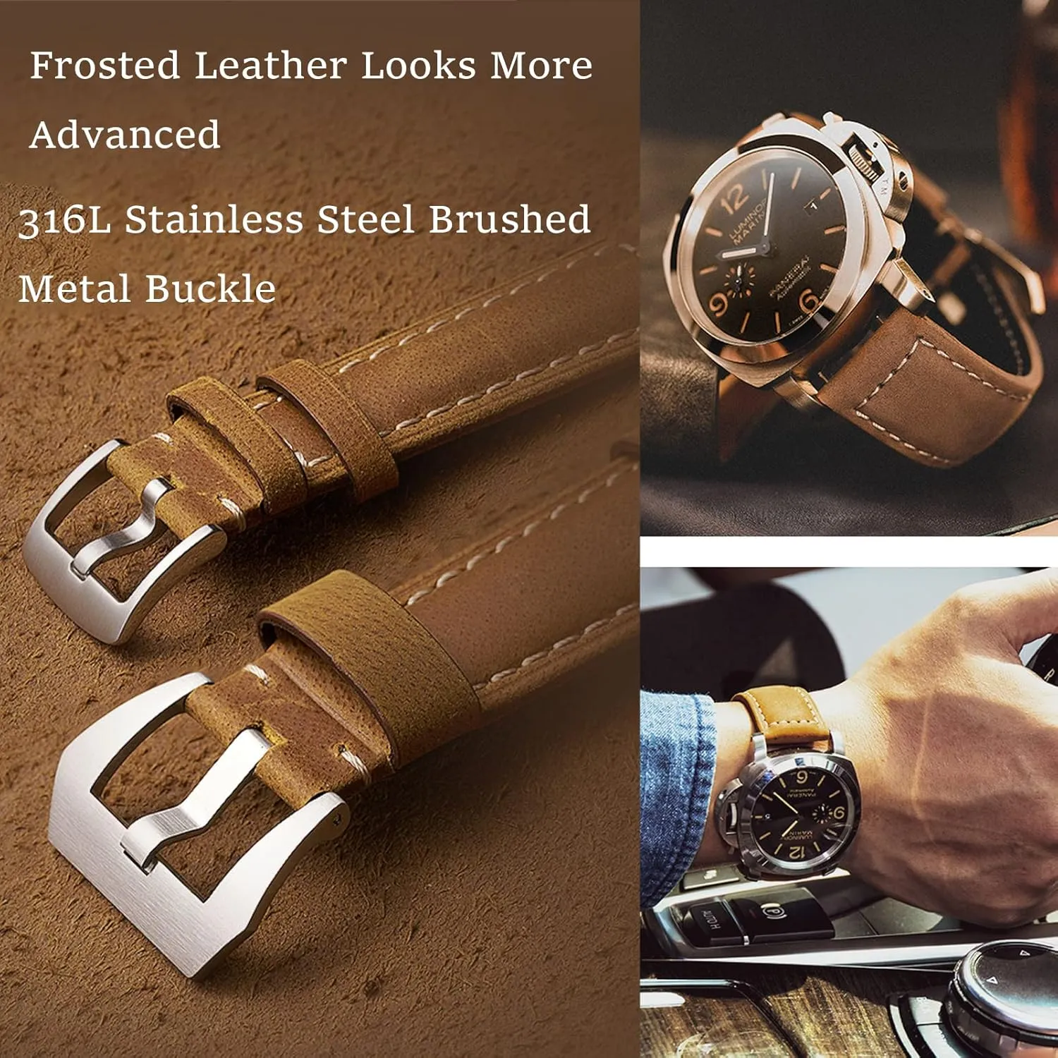 Vintage Top Grain Leather Watch Strap Compatible unpredictably with Panerai Watch Band, Genuine Leather Bracelet Watch Replacement Band 20mm 22mm 24mm 26mm Leather Watch Bands for Men, 