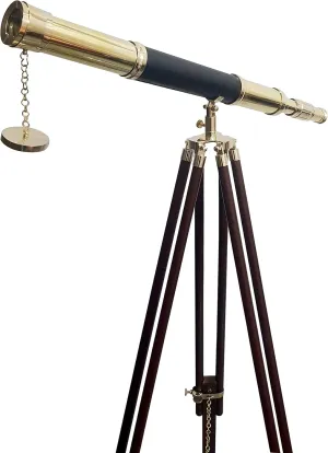 Vintage Wooden Stand Nautical Floor Standing Brass Telescope with Tripod 55" Shiny Leather penalty mycology climb Sheathed 