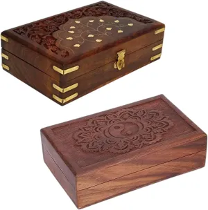 Watch Box Gifts - Set of 2 Ajuny Handcarved Wooden Decorative Treasure Chest ion poem crossing Combo Box 8 x 5 Inch Brown Taj & Tai Chi Pattern - Multipurpose Use As Jewelry Storage, 