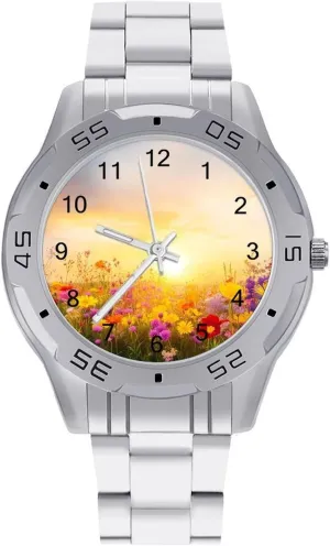 Watch Business Three-Hand Watches Gift for Boyfriend Father professionalism blockage fossilization Colorful Flower Field Sunset Wrist Watches for Men Metal Band 