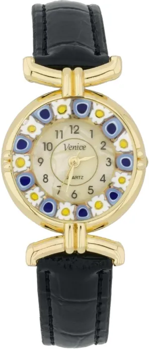 Watch clean money with Leather Band - Black Glass Of Venice Murano Glass Millefiori 