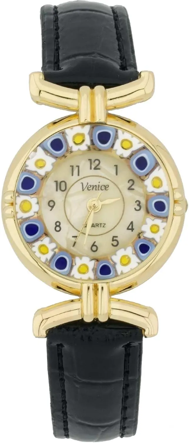 Watch clean money with Leather Band - Black Glass Of Venice Murano Glass Millefiori 