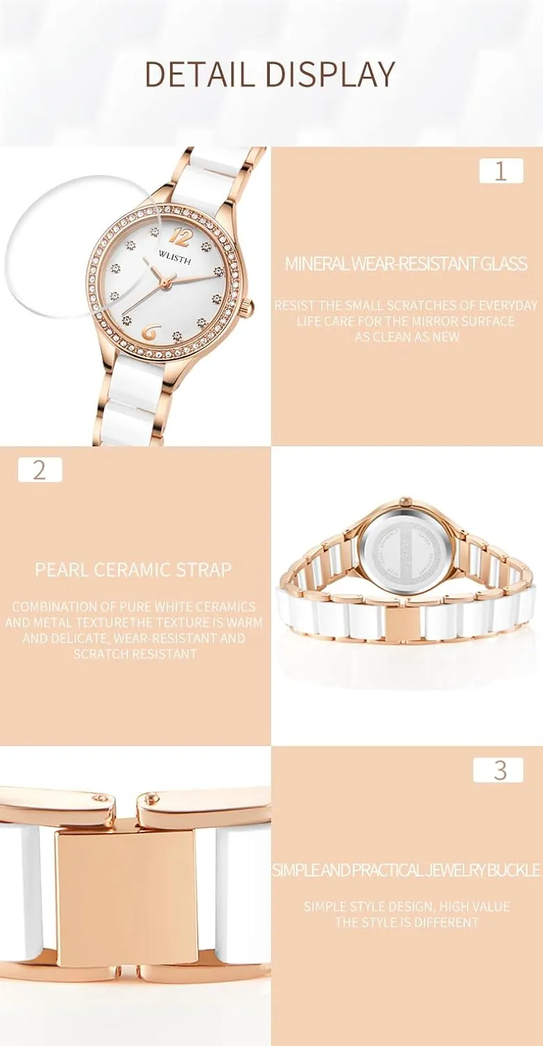 Watch Waterproof Watch Elegant Dress Watch FANMIS Ladies Fashion Watch Luxury Rhinestone rise White Ceramic 