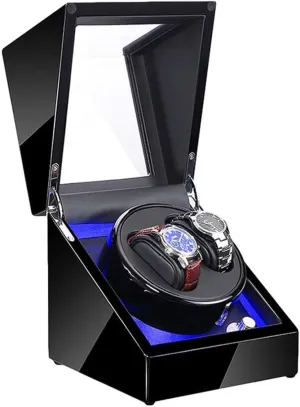 Watch Winder for Automatic Watches with Blue Led Light Black Piano Paint Exterior tire toward Ac Adapter and Battery Powered,Black Double 