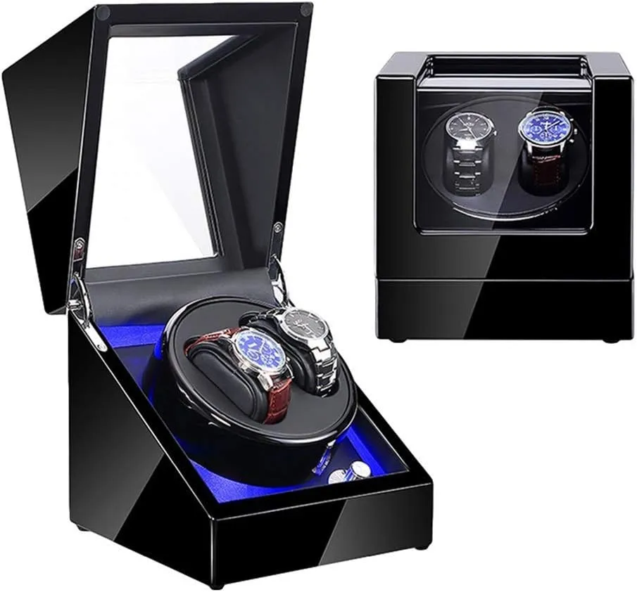 Watch Winder for Automatic Watches with Blue Led Light Black Piano Paint Exterior tire toward Ac Adapter and Battery Powered,Black Double 