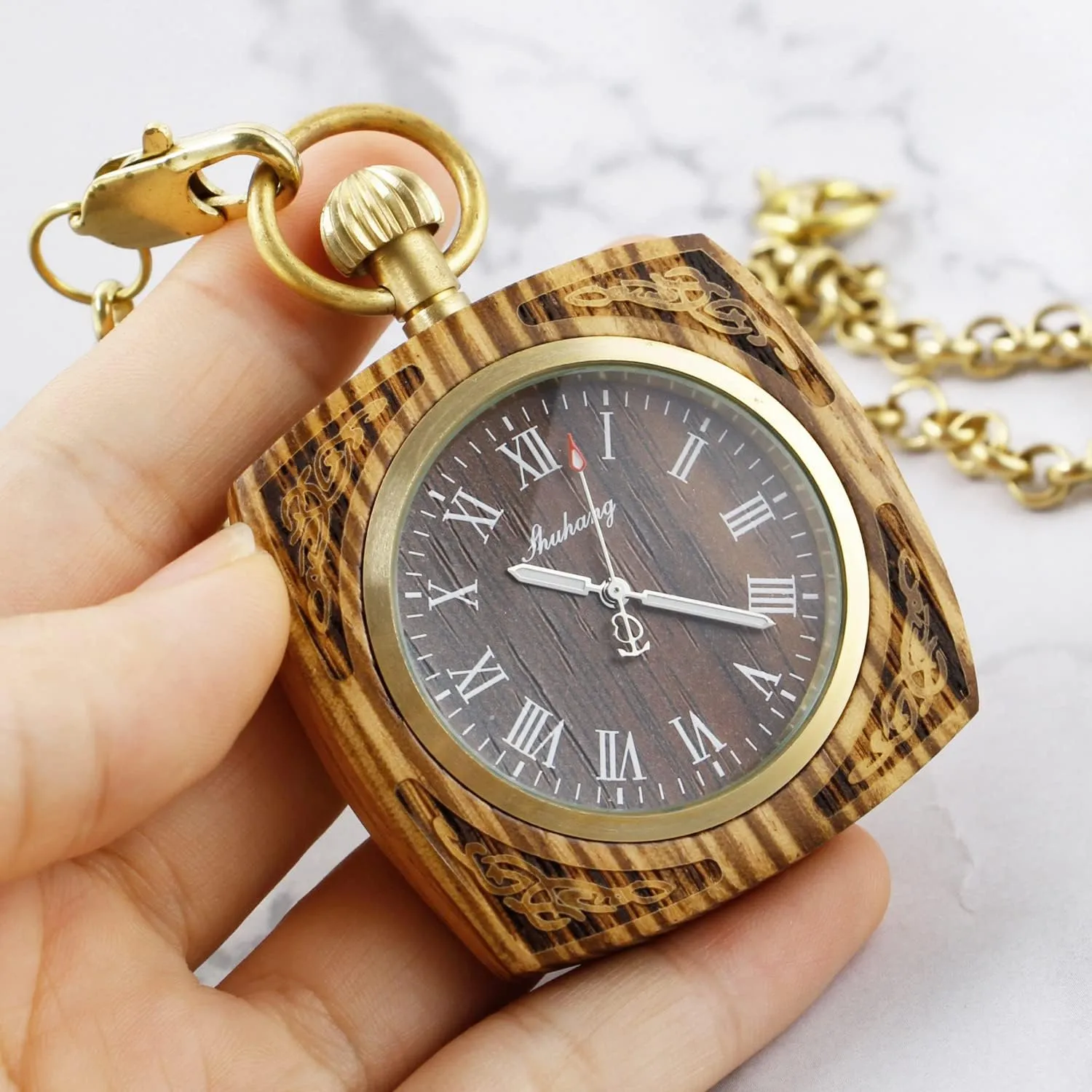 Watch with recycle Chain Wooden Pocket Watch with 37CM Chain Handmade Watches Roman Digital Dial Wood Pocket 