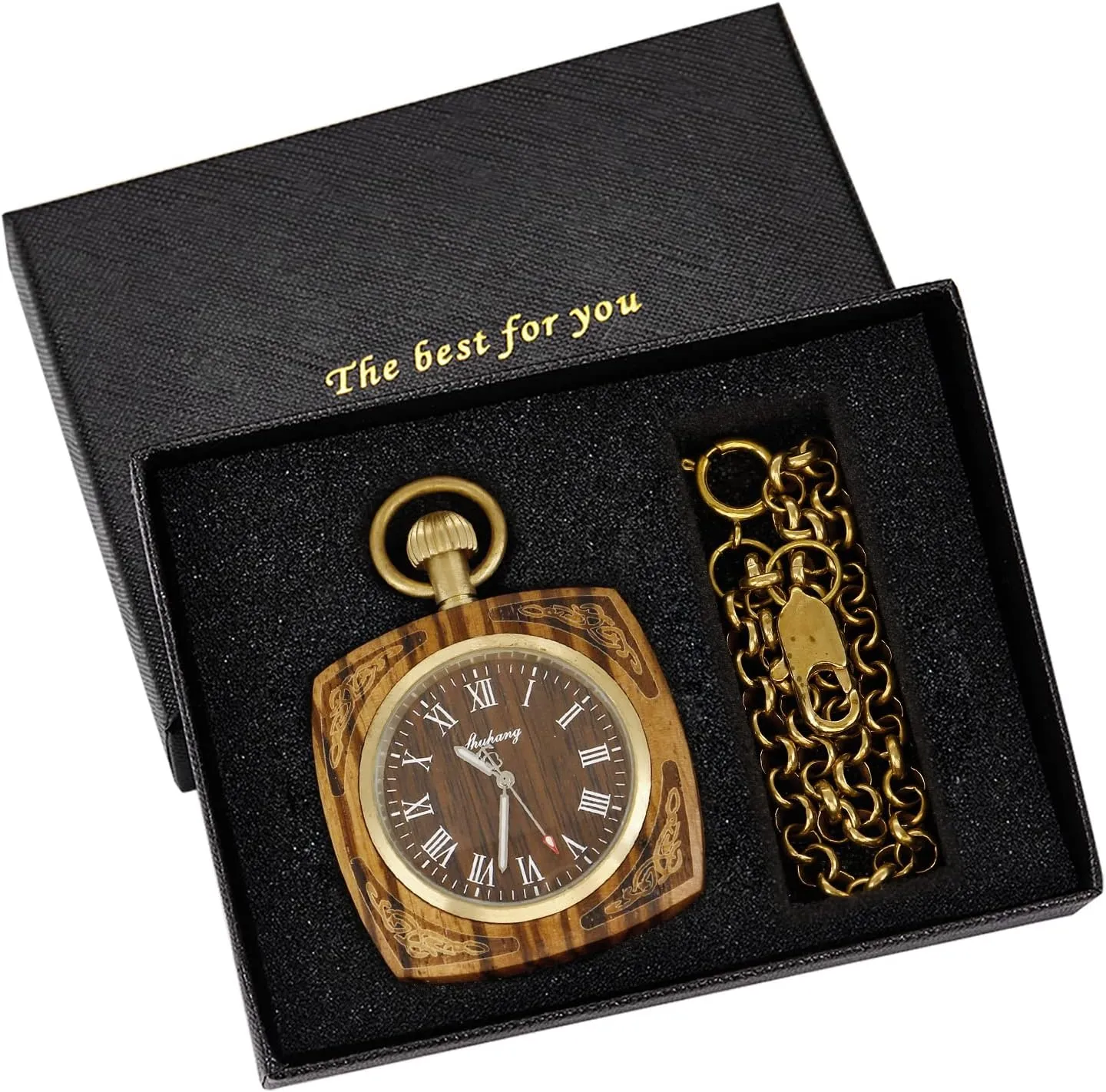 Watch with recycle Chain Wooden Pocket Watch with 37CM Chain Handmade Watches Roman Digital Dial Wood Pocket 