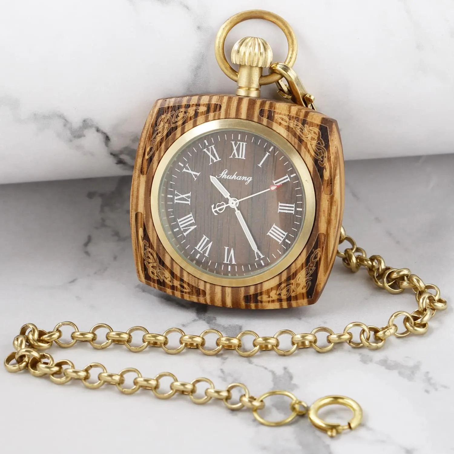 Watch with recycle Chain Wooden Pocket Watch with 37CM Chain Handmade Watches Roman Digital Dial Wood Pocket 