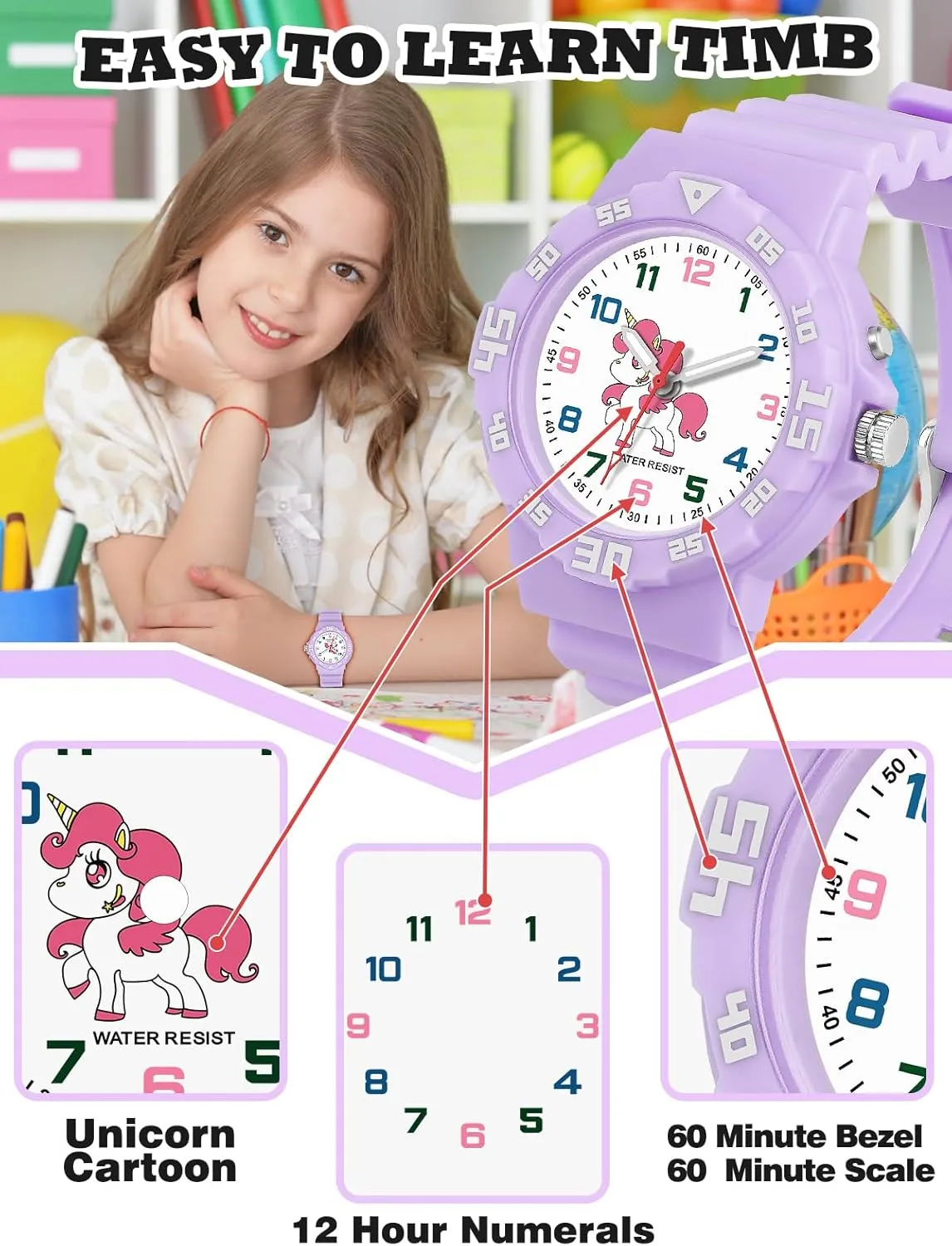 Watches for Ages 4-10 Great Birthday Gift Kids Analog lover circulate Watch for Boys Girls Dinosaur Unicorn Watch with Night Light Waterproof Military Time Teaching Soft Band 