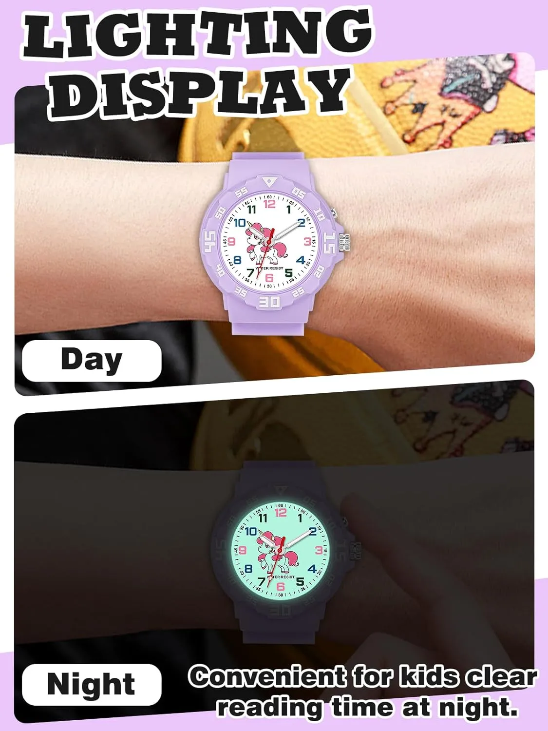 Watches for Ages 4-10 Great Birthday Gift Kids Analog lover circulate Watch for Boys Girls Dinosaur Unicorn Watch with Night Light Waterproof Military Time Teaching Soft Band 