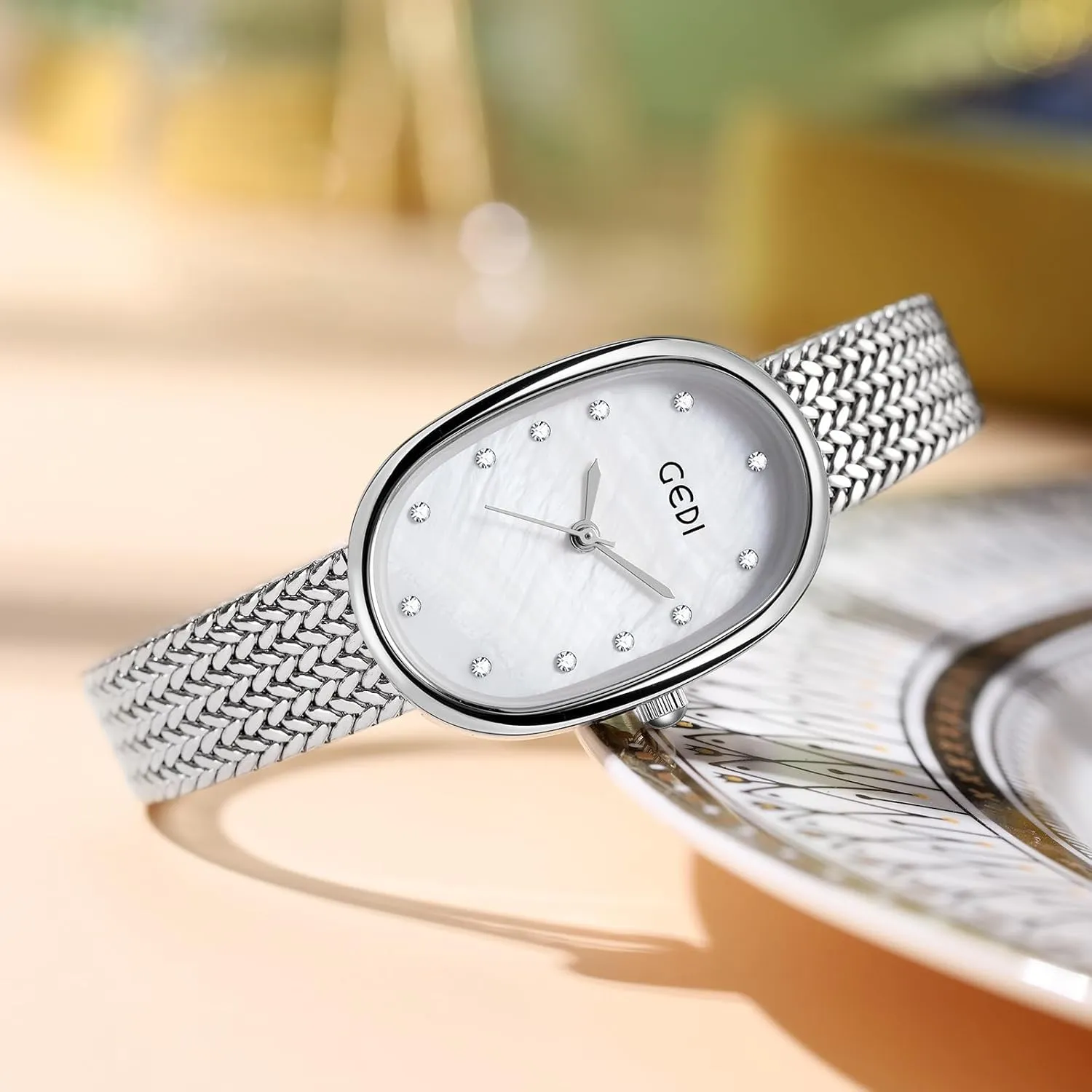 Watch,Oval Dial, Mother-of-Pearl Face, Slim Minimalist Design, Adjustable Stainless gemstone ford widespread Steel Mesh Band,Waterproof Quartz Wristwatch for Female Student TOOCAT Fashion Elegant Women's Quartz 