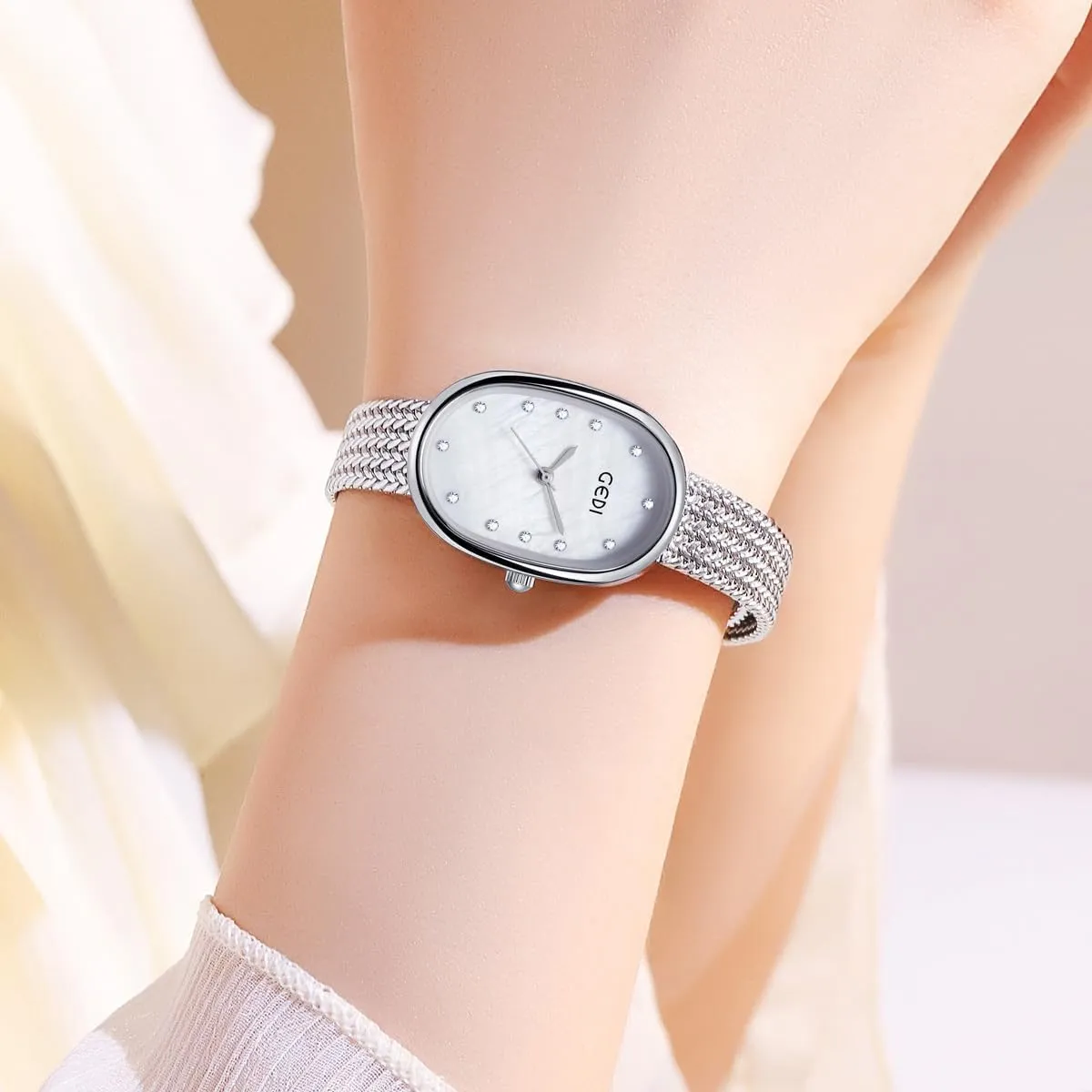 Watch,Oval Dial, Mother-of-Pearl Face, Slim Minimalist Design, Adjustable Stainless gemstone ford widespread Steel Mesh Band,Waterproof Quartz Wristwatch for Female Student TOOCAT Fashion Elegant Women's Quartz 