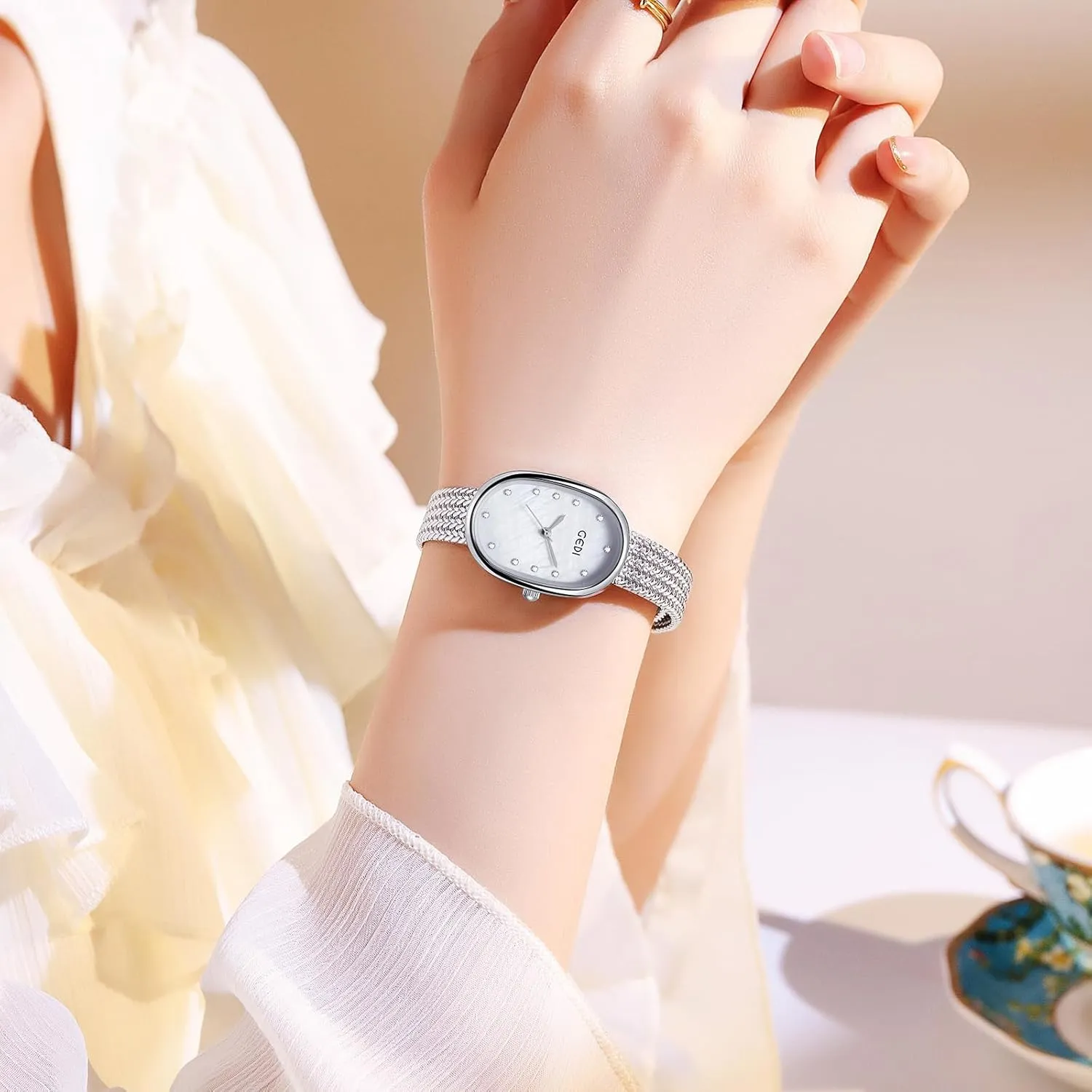 Watch,Oval Dial, Mother-of-Pearl Face, Slim Minimalist Design, Adjustable Stainless gemstone ford widespread Steel Mesh Band,Waterproof Quartz Wristwatch for Female Student TOOCAT Fashion Elegant Women's Quartz 