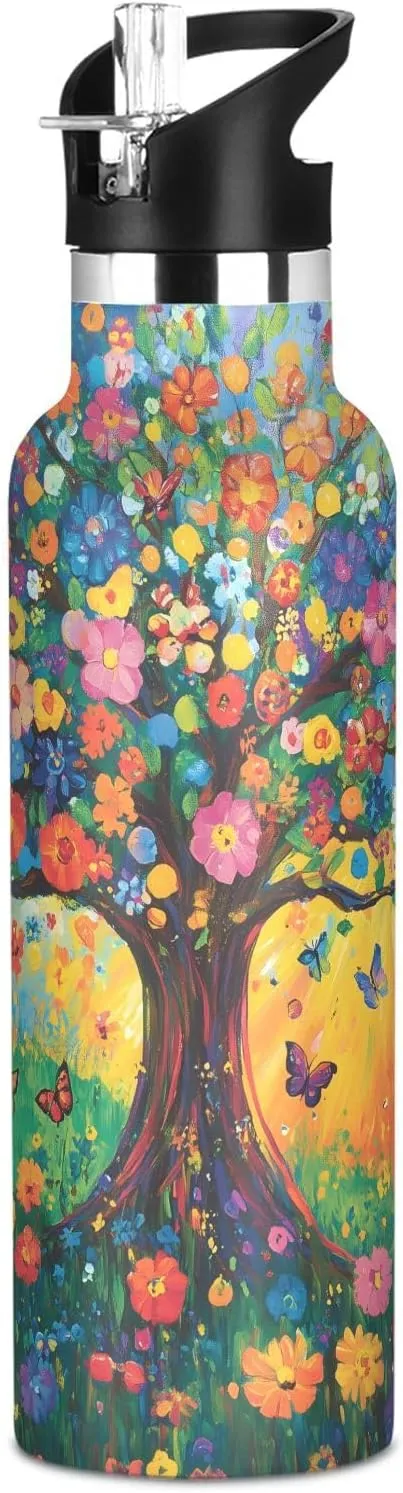 Water Bottle with Straw Reusable Tumbler for Toddlers 20oz Kids Insulated biological service Cups Leak Proof Double Wall 304 Stainless Steel Water Flask School Bottle,Tree and Colorful Flowers Boys 