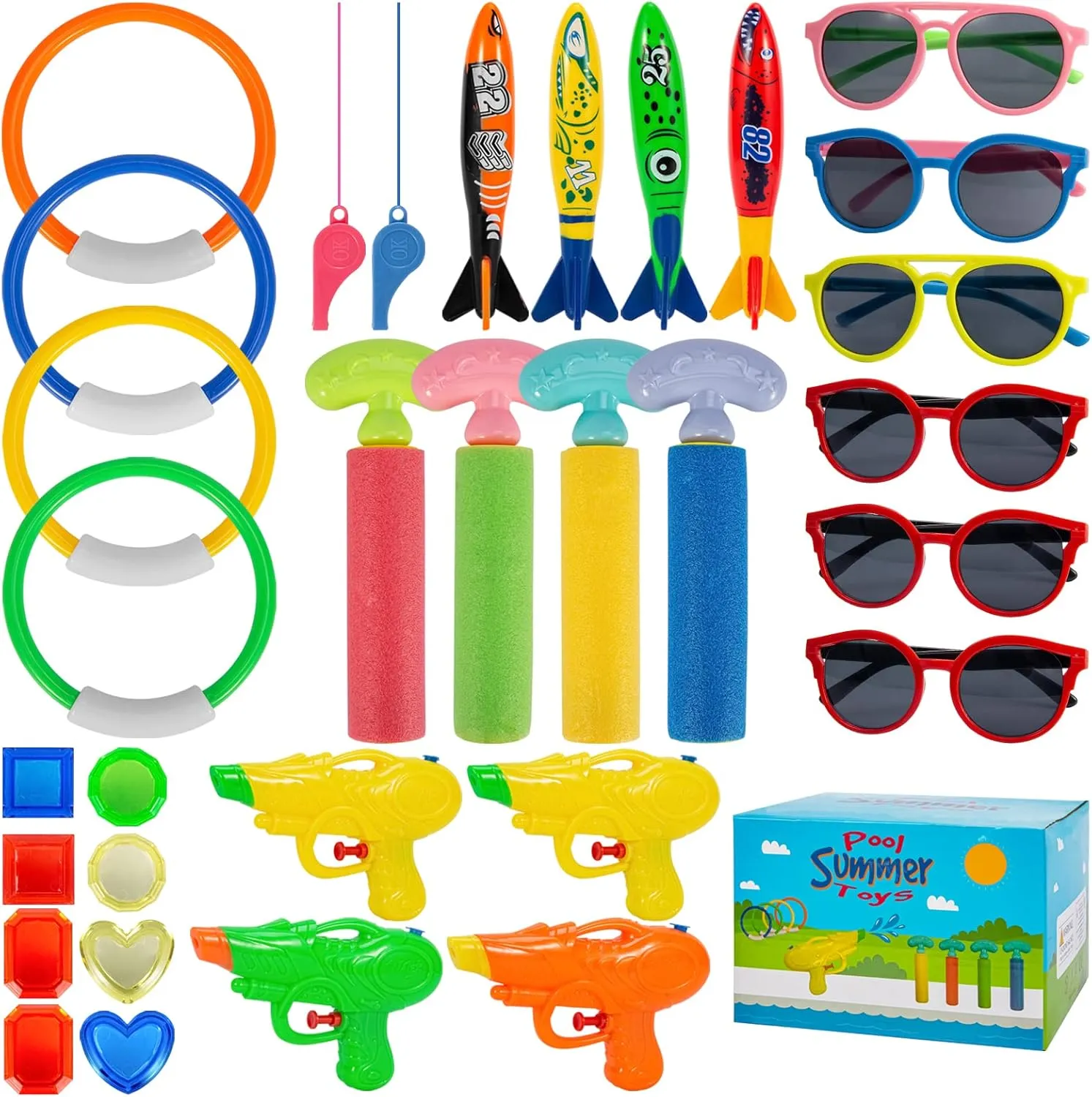 Water Guns$ Sunglasses$ Whistle$ and Dive Sticks 32 Pcs prod moss paralyze loess vest Pool Dive Toys Set - Pool Diving Toys for Kids with 