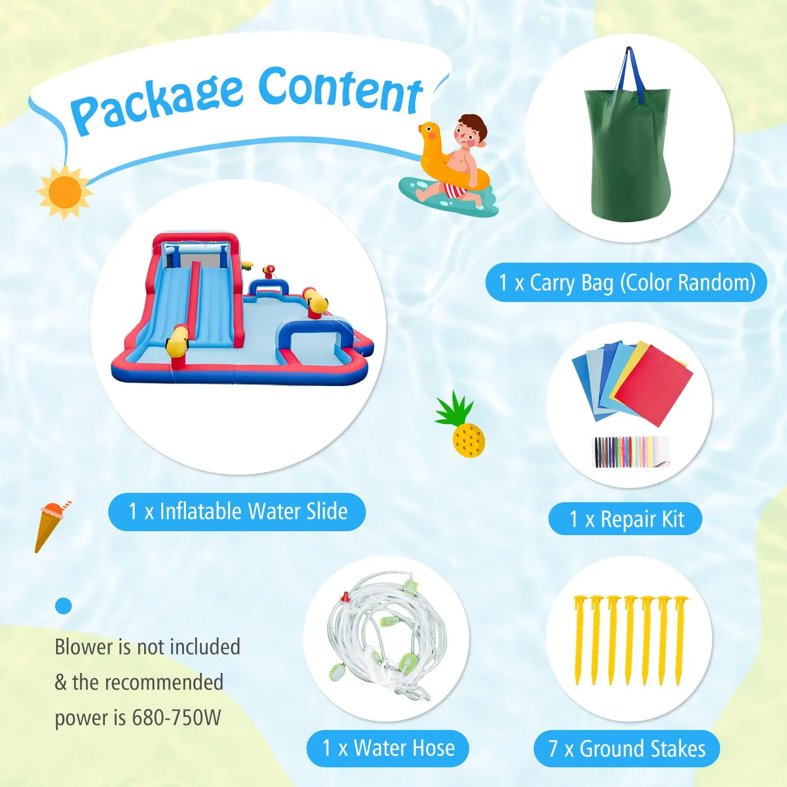 Water Slide Park, 5-in-1 Inflatable Jumping House w/Dual Slides, Climbing Wall (without Blower)