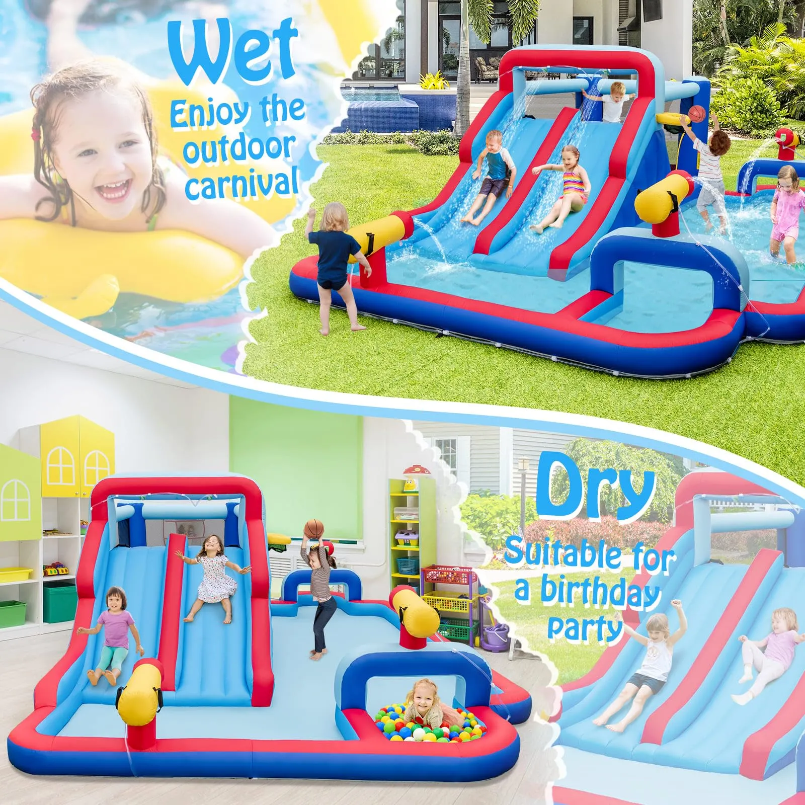 Water Slide Park, 5-in-1 Inflatable Jumping House w/Dual Slides, Climbing Wall (without Blower)