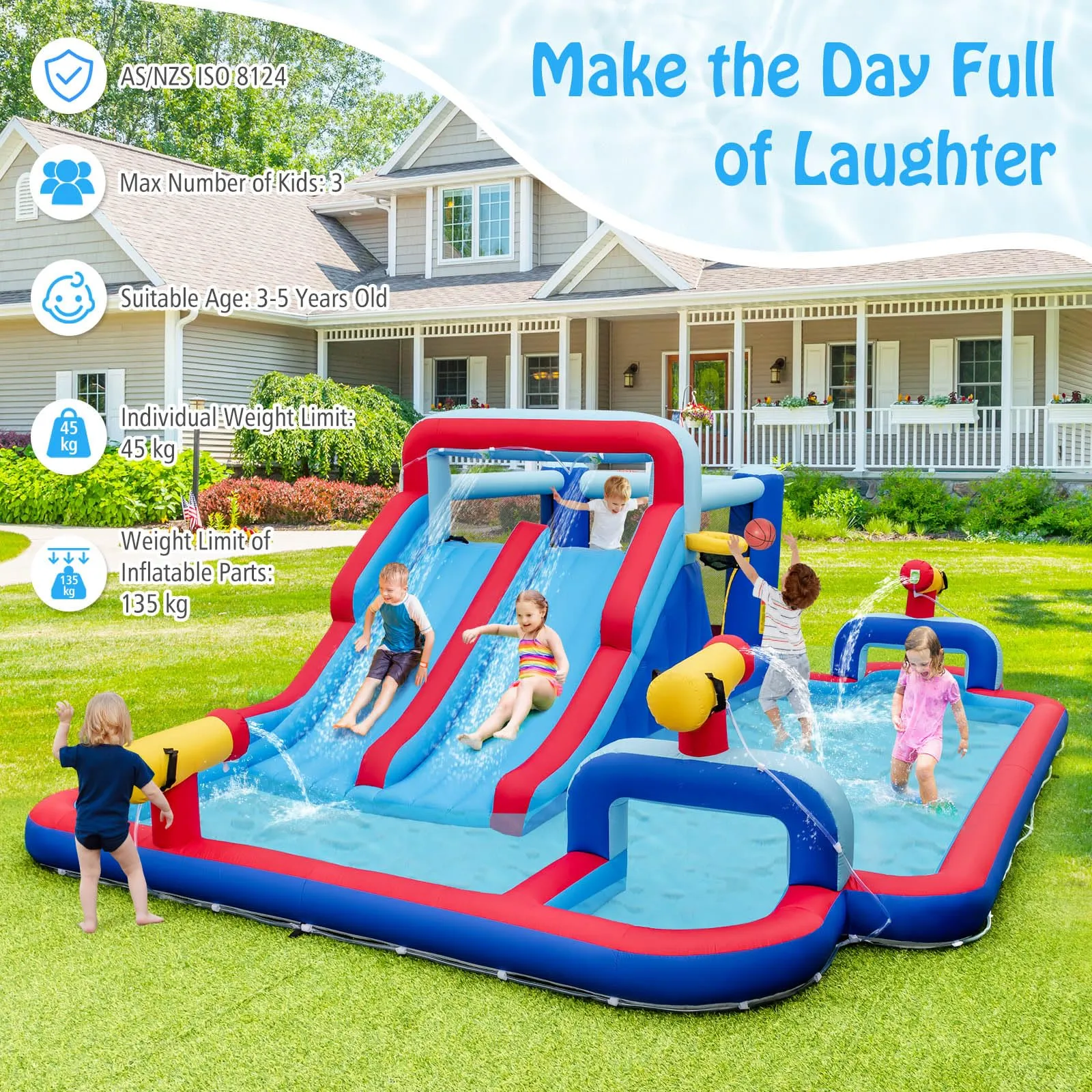 Water Slide Park, 5-in-1 Inflatable Jumping House w/Dual Slides, Climbing Wall (without Blower)