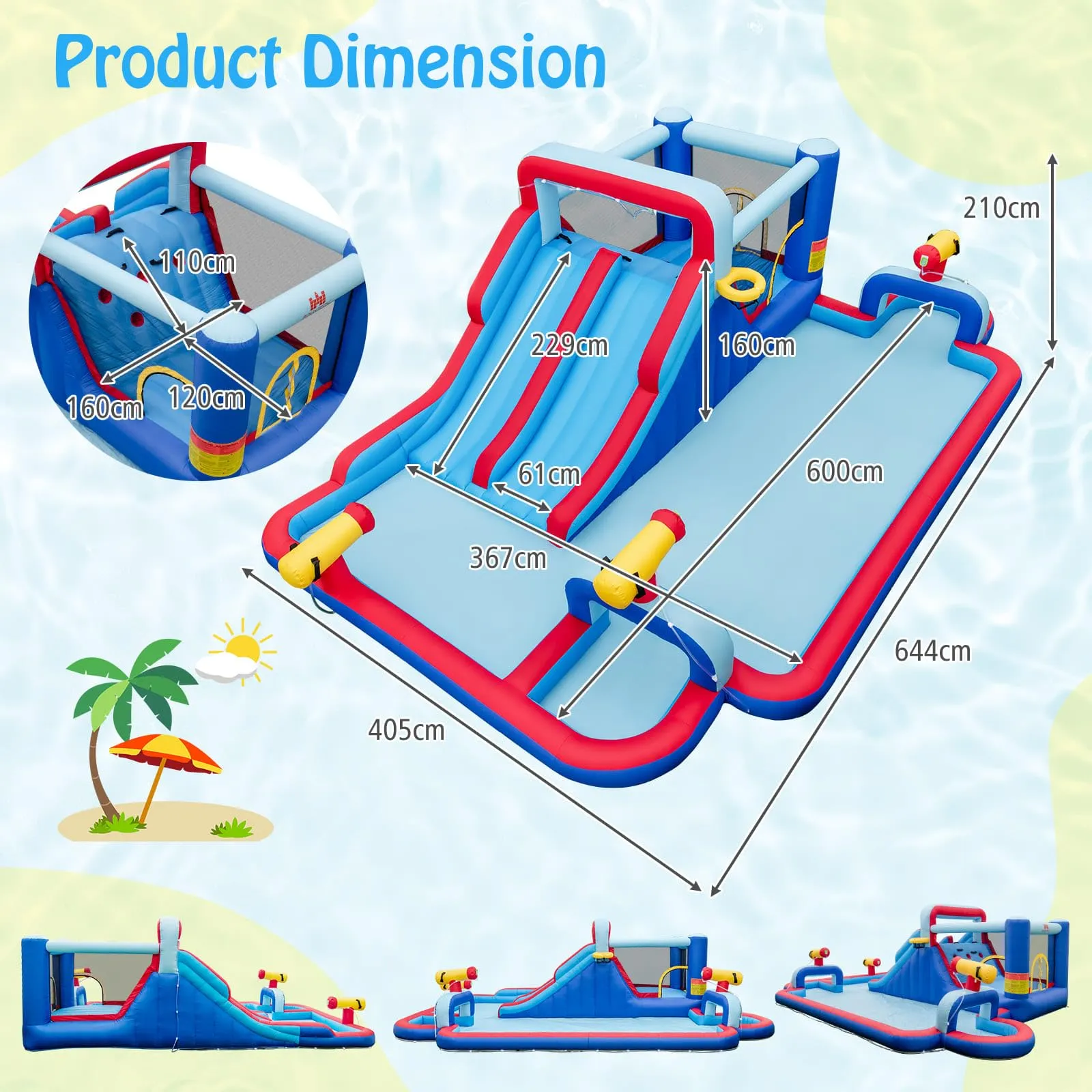 Water Slide Park, 5-in-1 Inflatable Jumping House w/Dual Slides, Climbing Wall (without Blower)