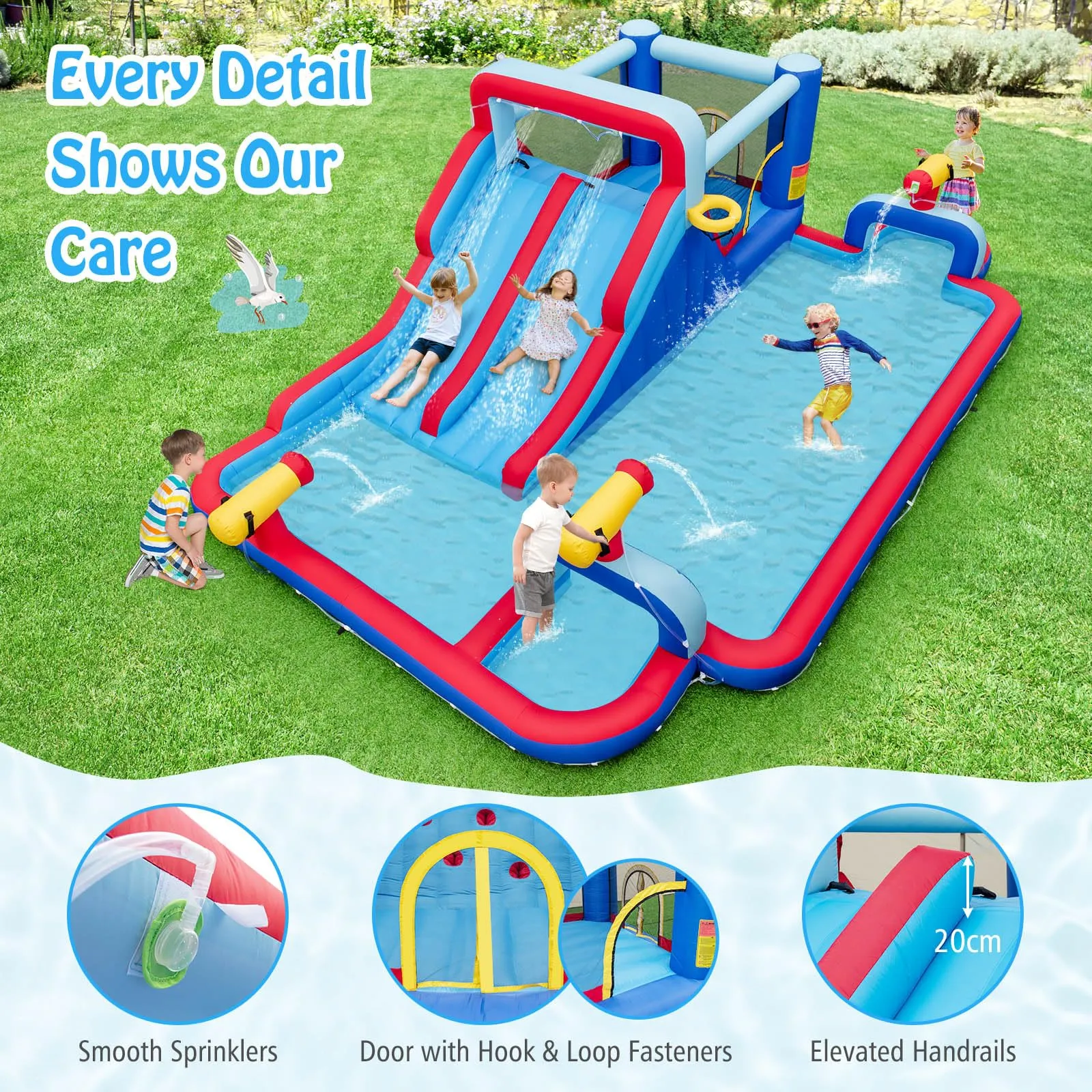 Water Slide Park, 5-in-1 Inflatable Jumping House w/Dual Slides, Climbing Wall (without Blower)