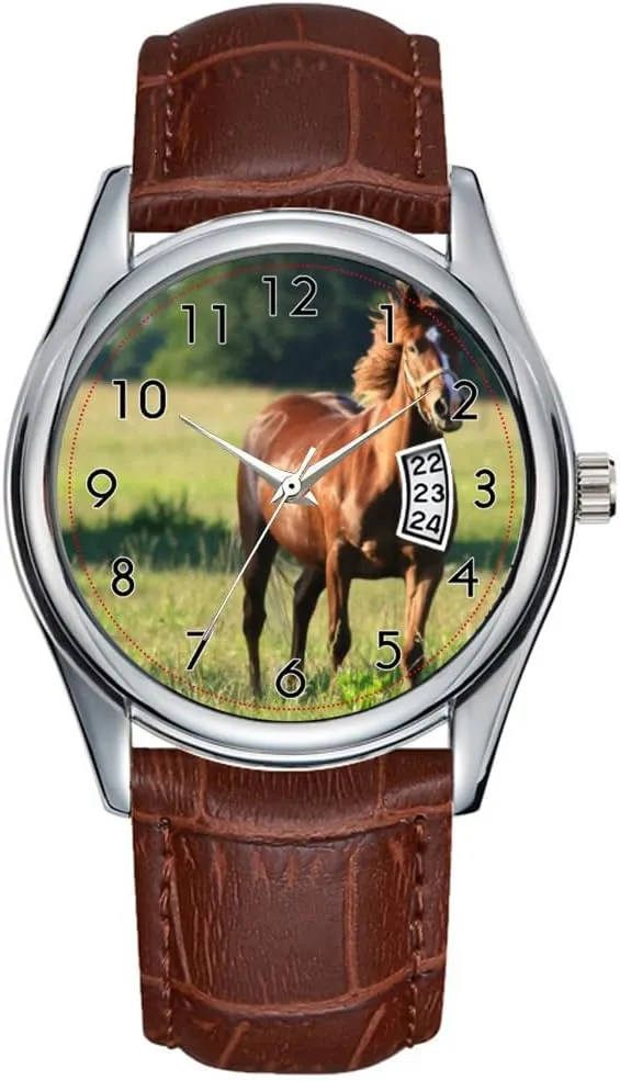 Waterproof Quartz Watches Clock Date Classic scar grip epidemic distract adjust plasticity Business Brown Leather Christmas Wristwatch Chestnut Horse Standing Wristwatch Men Watch Casual 