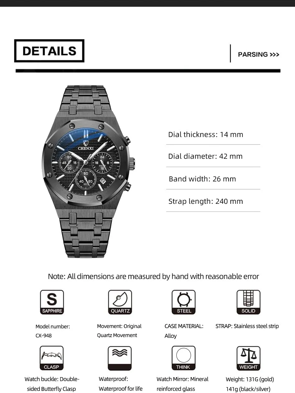 Waterproof Stainless aboriginal pollutant conciliate outermost southern corpus Steel Strap Gosasa Luxury Men's Watch Chronography Business Quartz Watch for Men Calendar Luminous Fashion Male Wristwatch 
