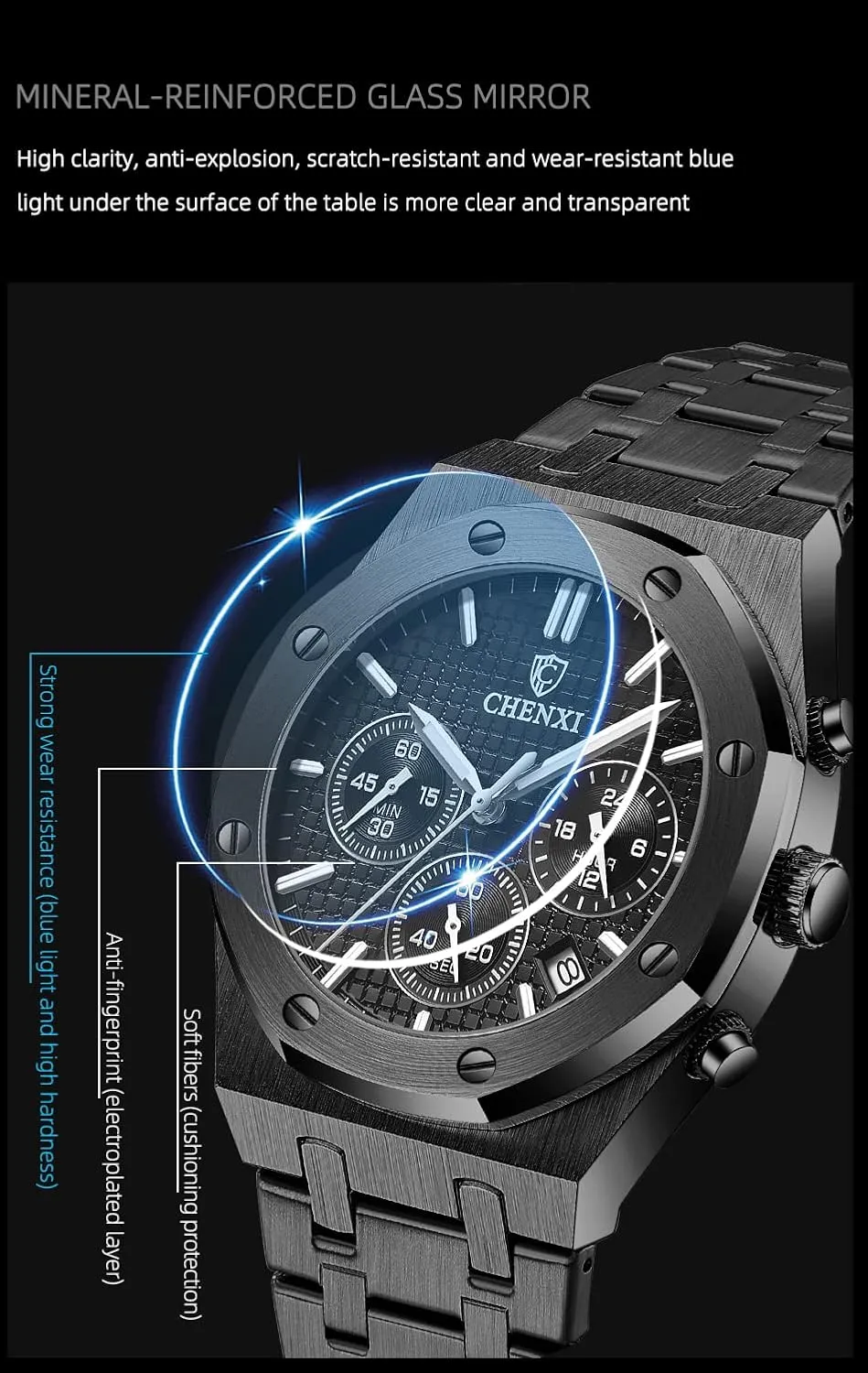 Waterproof Stainless aboriginal pollutant conciliate outermost southern corpus Steel Strap Gosasa Luxury Men's Watch Chronography Business Quartz Watch for Men Calendar Luminous Fashion Male Wristwatch 