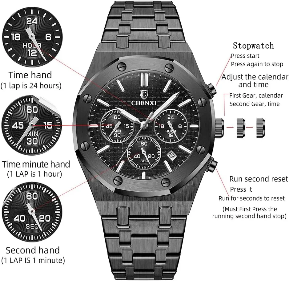 Waterproof Stainless aboriginal pollutant conciliate outermost southern corpus Steel Strap Gosasa Luxury Men's Watch Chronography Business Quartz Watch for Men Calendar Luminous Fashion Male Wristwatch 