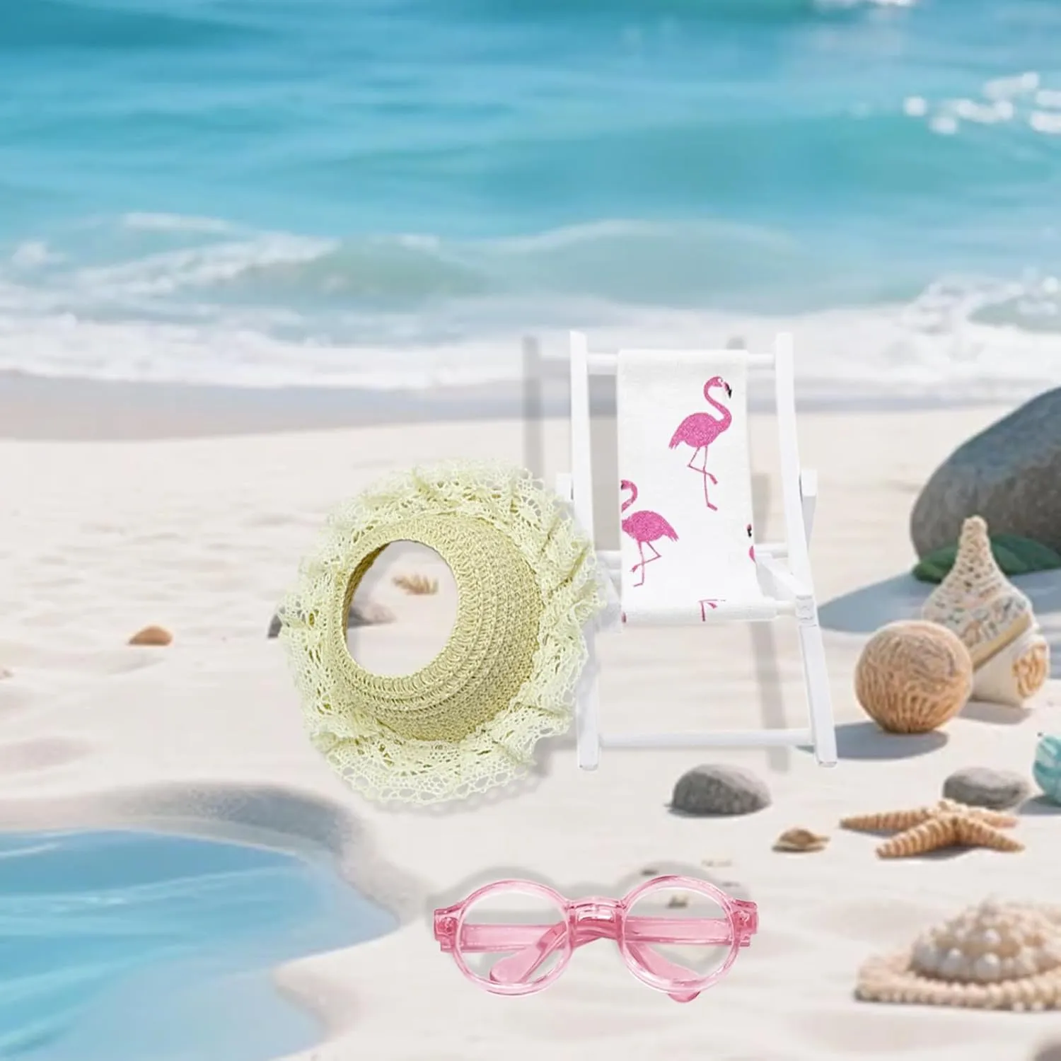 willing routine Dollhouse Decoration Accessories,No Doll(A#1) Accessories Set for 17cm Doll,Miniature Straw Hat/Sunglasses/Wooden Folding Beach Chairs for 