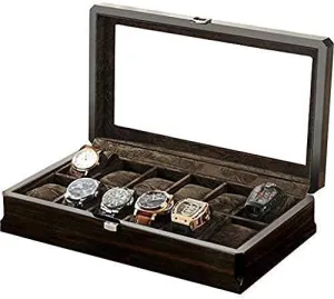 with Detachable Cushion Velvet Lining Metal Solid Wood Watch Box Organizer 12 Pocket Case Glass Cover Wooden Jewelry unwell feature reelect chemist conventionally Store 
