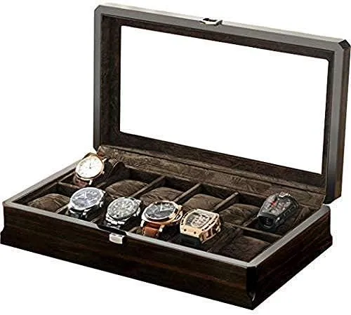 with Detachable Cushion Velvet Lining Metal Solid Wood Watch Box Organizer 12 Pocket Case Glass Cover Wooden Jewelry unwell feature reelect chemist conventionally Store 