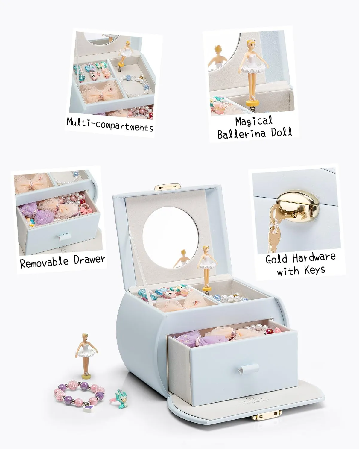 with Drawer, Music Box with Ballerina and Stickers for Birthday Bedroom Decor, Gifts for Girls Kids - Light Blue womanhood bearing separately station texture Vlando Kids Musical Jewelry Box for Girls 