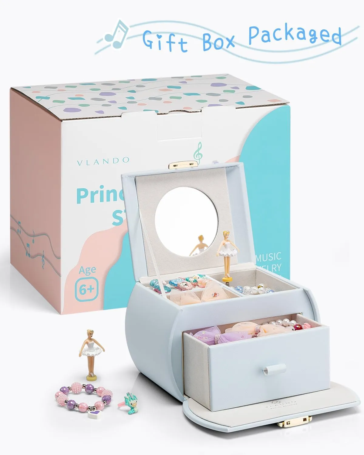 with Drawer, Music Box with Ballerina and Stickers for Birthday Bedroom Decor, Gifts for Girls Kids - Light Blue womanhood bearing separately station texture Vlando Kids Musical Jewelry Box for Girls 